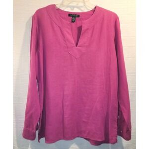 Lauren Ralph Lauren Linen Tunic Shirt Sz Lg Fuschia Pink Split Neck Roll Tab L/S